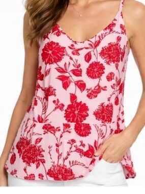 CAbi Pink Tank Cami with Beautiful Red Floral Print